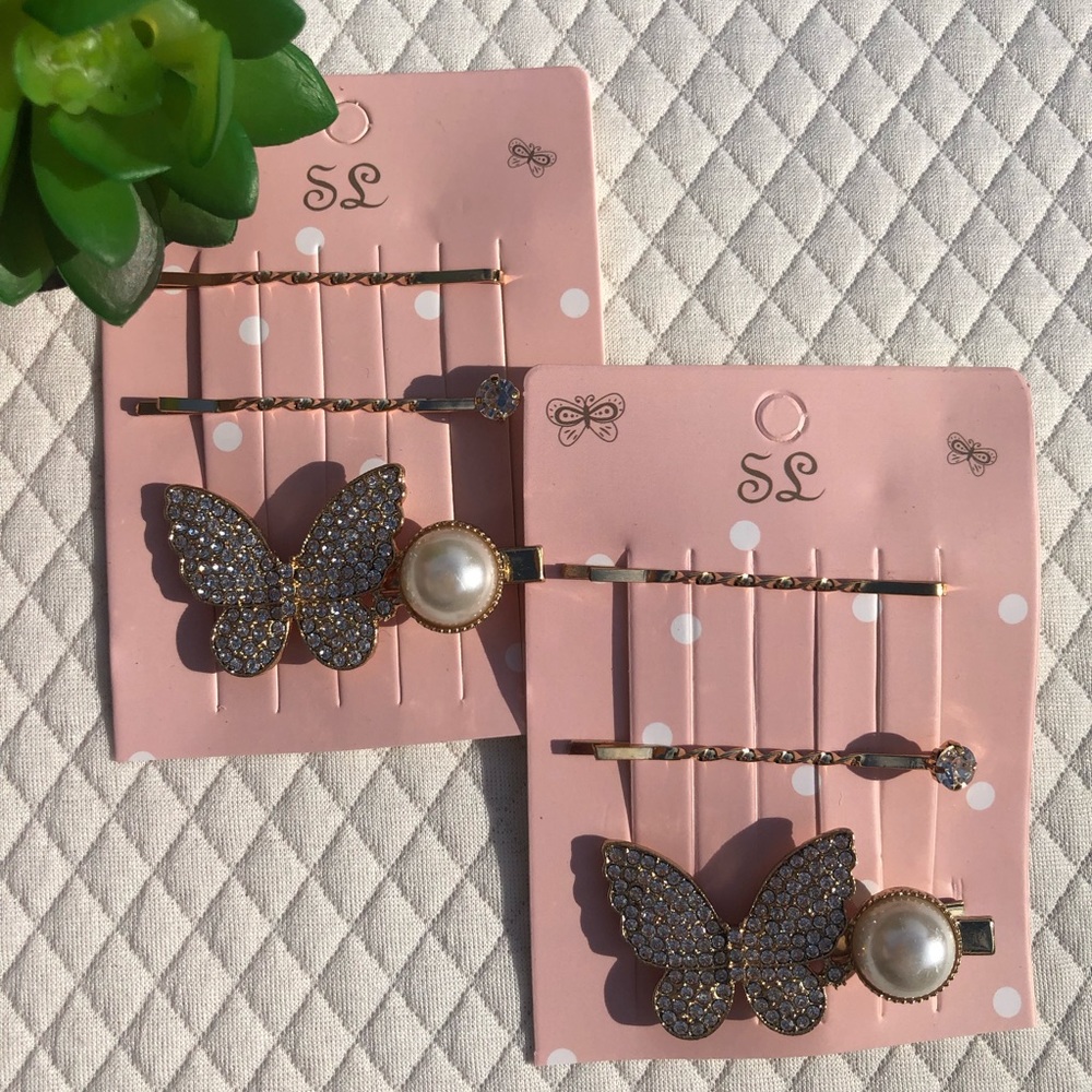 Gold colored hair pins & clips Butterfly & Pearl (set of 2) 🦋💛🤍